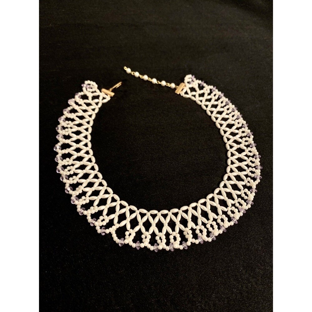 Necklace Beaded Bib Collar White with some lilac light purple